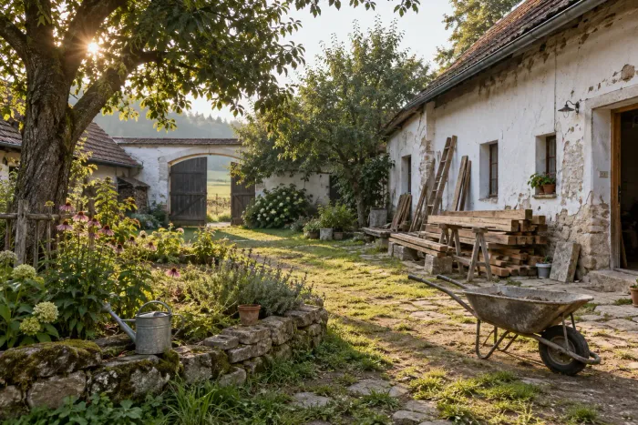 Dvůr venkovského domu s kolečkem, složeným dřevem a zahradou v ranním světle.