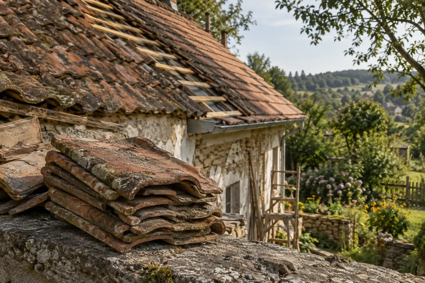 Hromádka starých střešních tašek u opravované střechy venkovského domu.