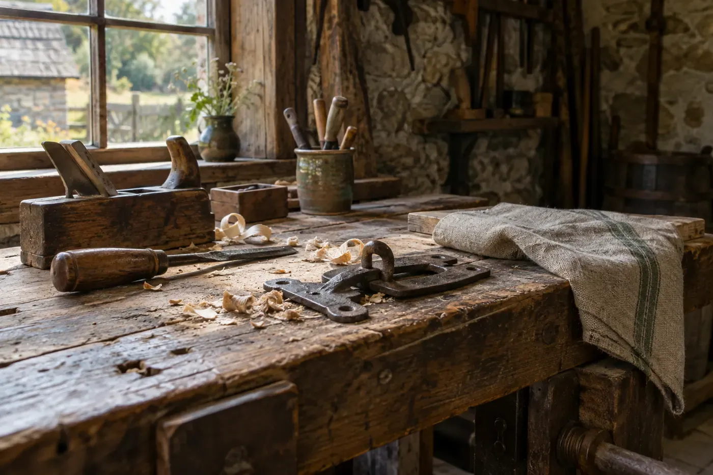 Hoblice s ručním nářadím, kováním a dřevěnými hoblinami v dílně.