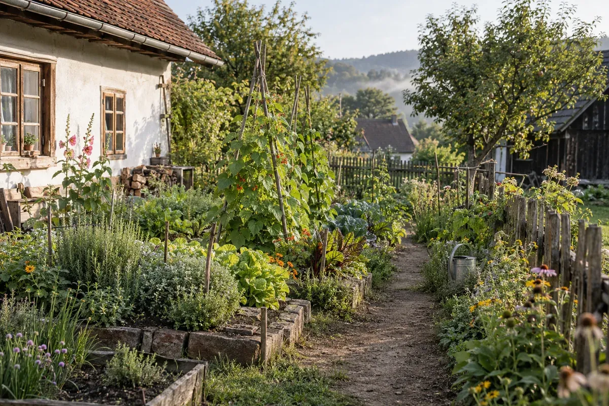 Zeleninové záhony u starého venkovského domu během letní sezony.